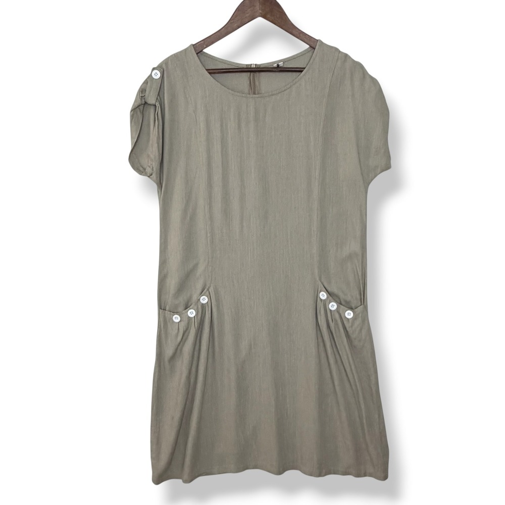 Yidarton Linen Cotton Dress M Taupe Button Pockets Coastal Grandma Beach Boho